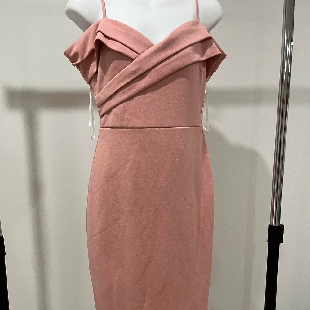 Premier Amour Off Shoulder Midi Dress Pink Wrap Cocktail Party Wedding Size 6